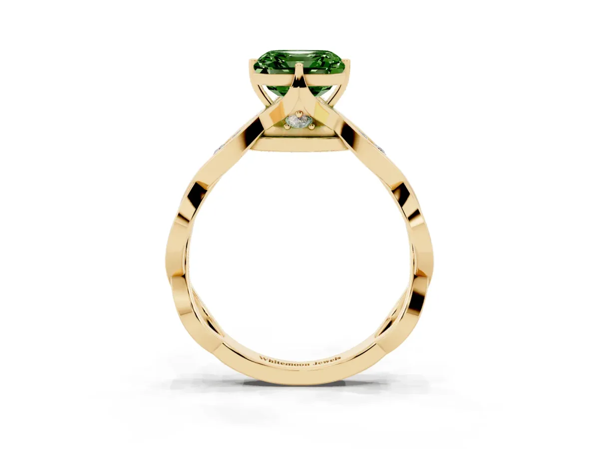 Fancy Green Asscher Cut Solitaire Twist Band with Leaf Prong Setting Yellow gold