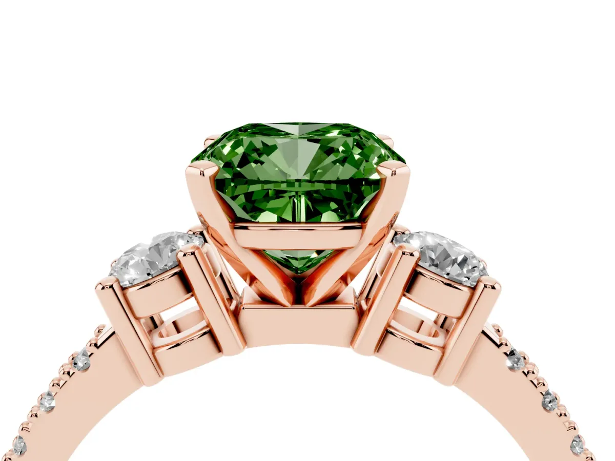 Fancy Green Cushion Cut Three-Stone Diamond Pavé Band with Prong Setting Rose gold