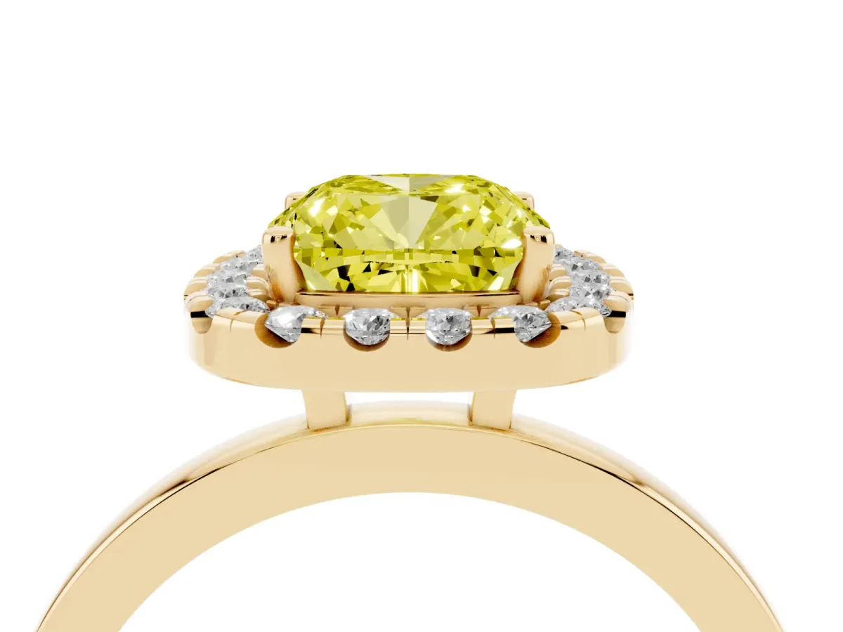 Fancy Yellow Cushion Cut Halo Diamond Solitaire with Pavé Band and Four-Prong Setting Yellow gold