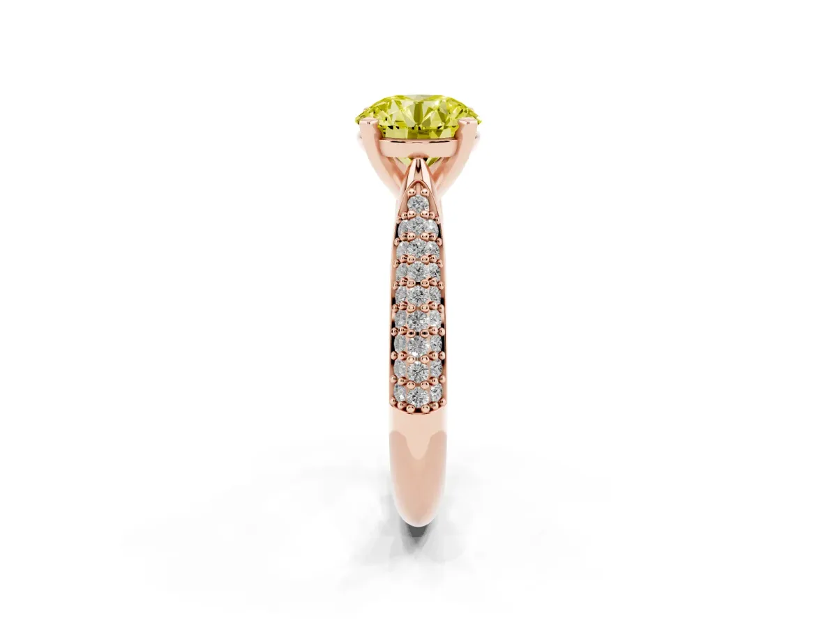 Fancy Yellow Round Cut Diamond Solitaire Engagement Ring with Multi-Row Round Pavé Band and Prong Setting Rose gold