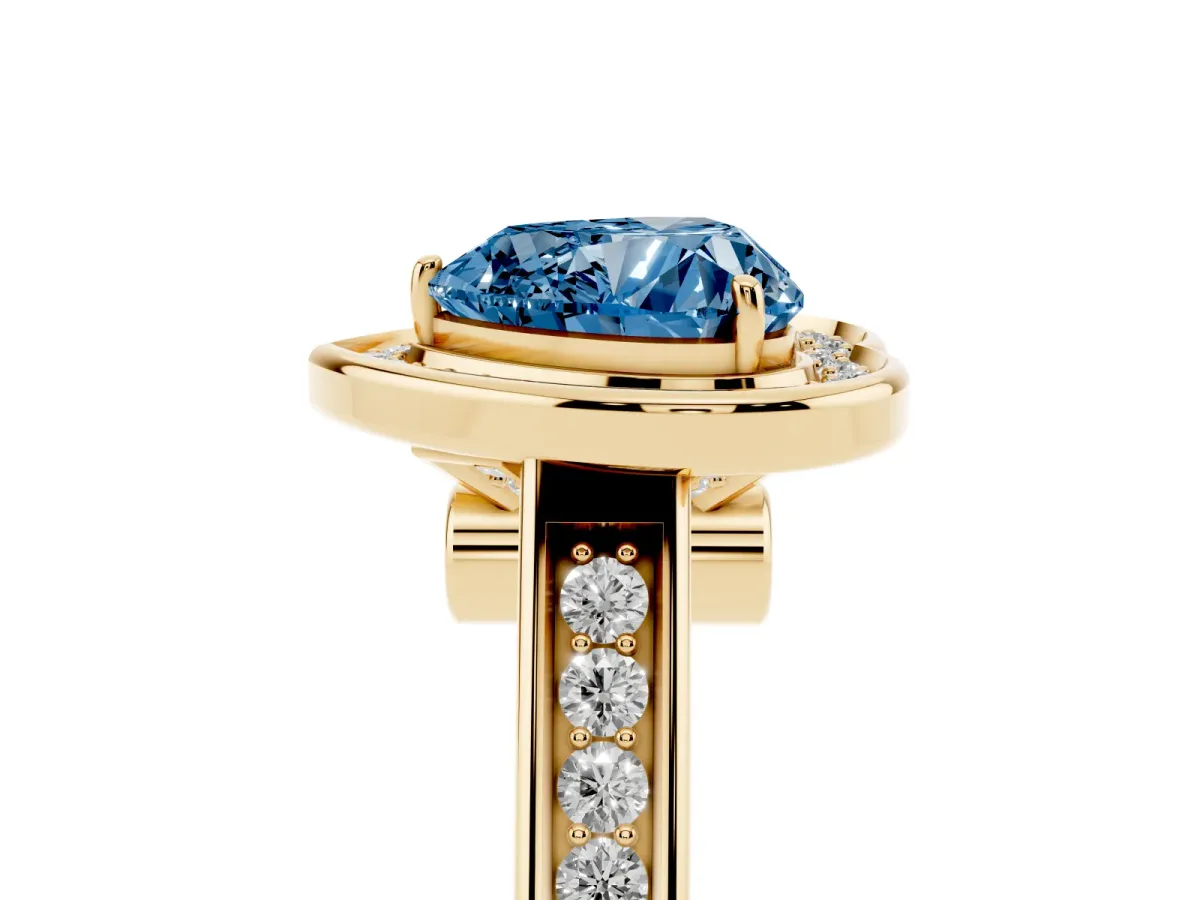 Fancy Blue Heart Cut Halo Solitaire Diamond Ring with Pave Band and Bezel Setting Yellow gold