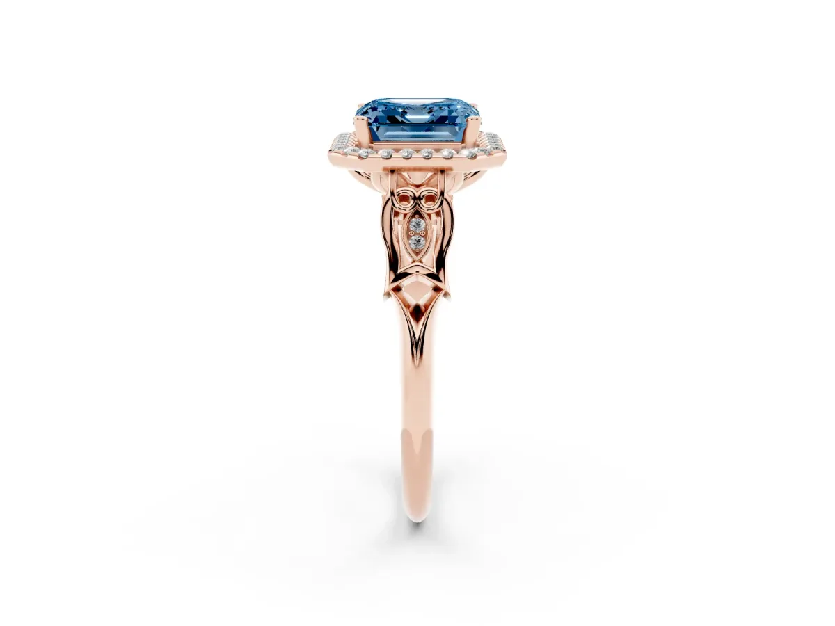 Fancy Blue Asscher Cut Halo Diamond Engagement Ring with Filigree Band and Four-Prong Setting Rose gold