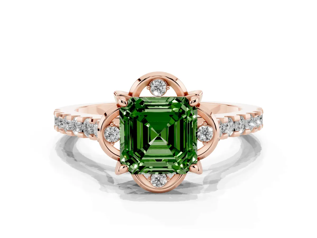 Fancy Green Asscher Cut Diamond Ring with Pavé Band and Floral Prong Setting Rose gold
