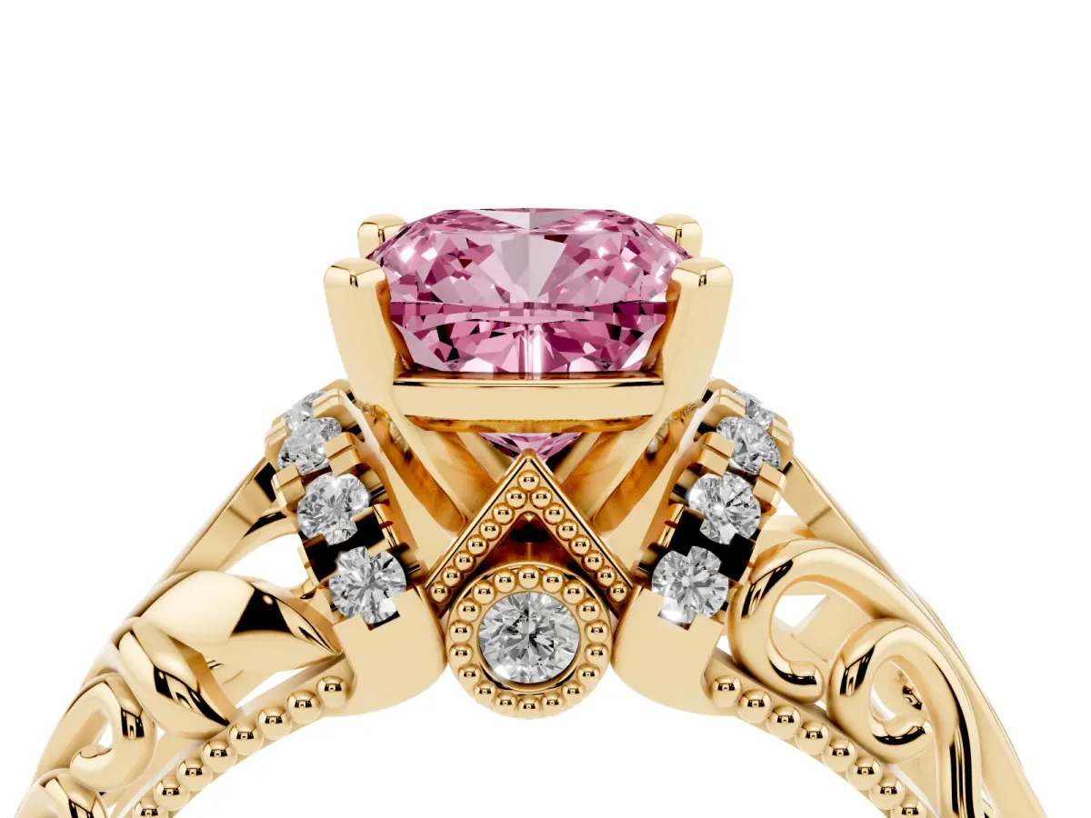 Fancy Pink Cushion Cut Solitaire Filigree Engagement Ring with Halo and Prong Setting Yellow gold