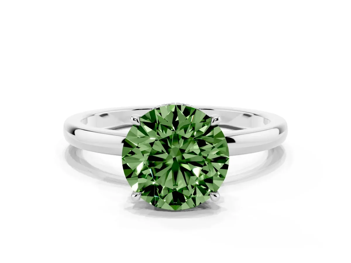 Fancy Green Round Cut Solitaire Engagement Ring with Cathedral Band and Four-Prong Setting White gold