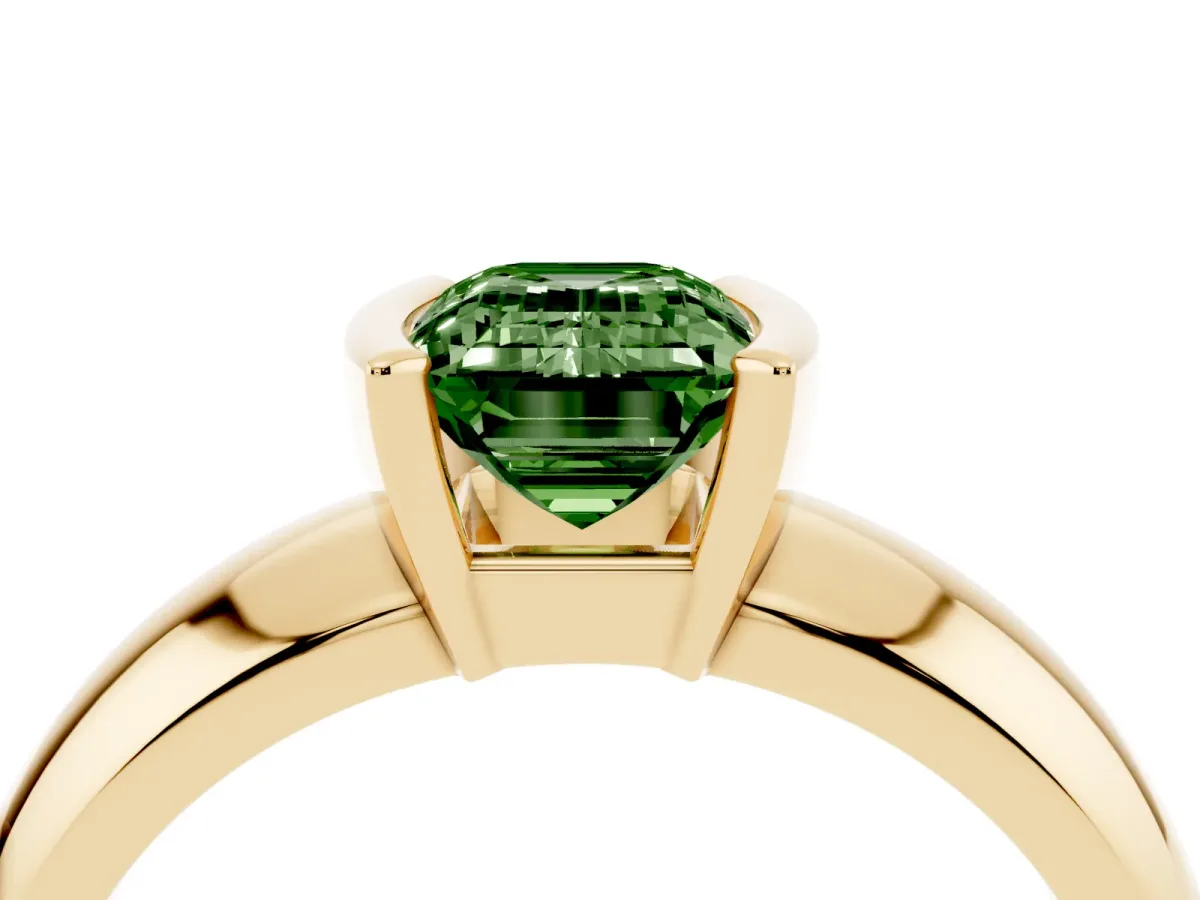 Fancy Green Emerald Cut Solitaire Tension Set Diamond Ring with Wide Band Yellow gold