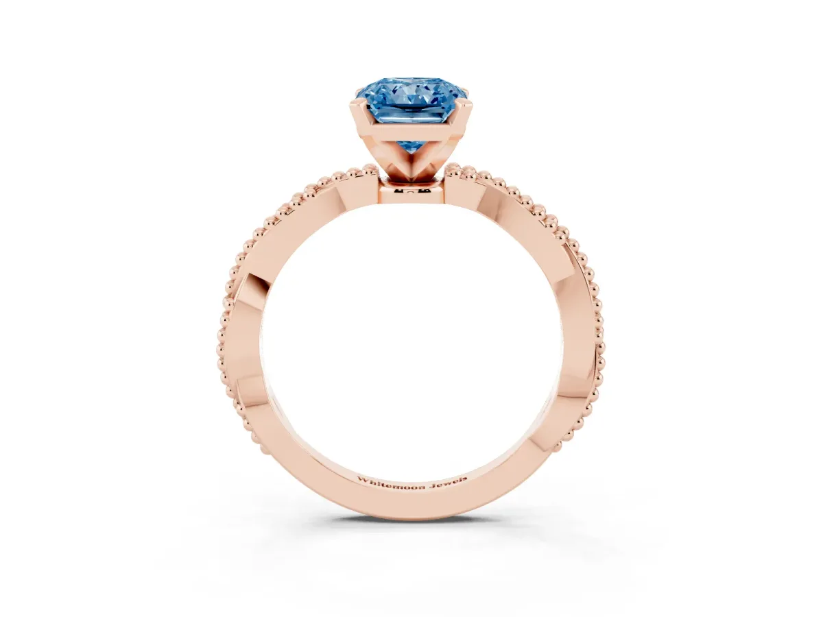 Fancy Blue Radiant Cut Solitaire Twisted Band with Bead Prong Setting Rose gold