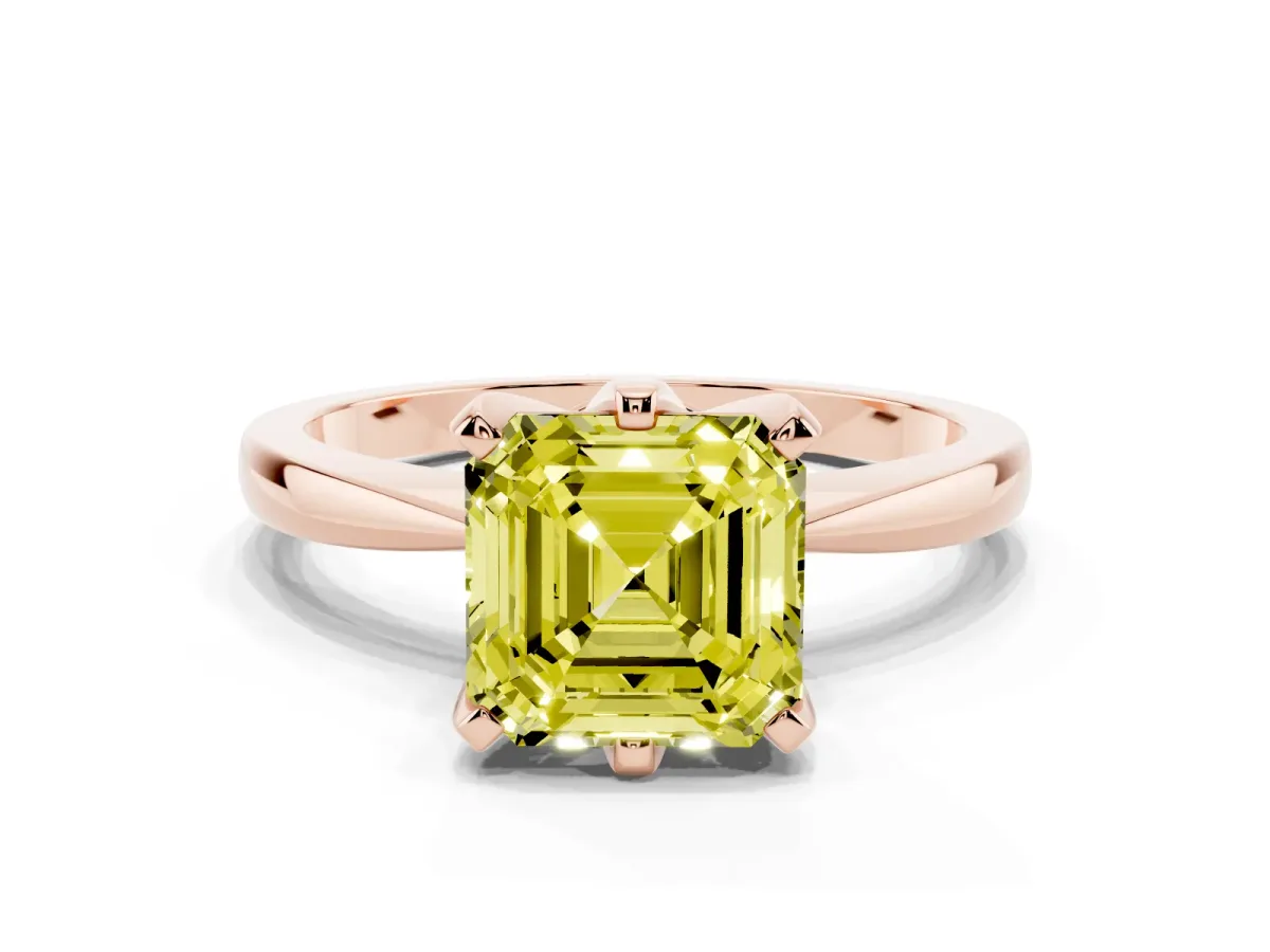 Fancy Yellow Asscher Cut Solitaire Engagement Ring with Six-Prong Setting and Tapered Band Rose gold
