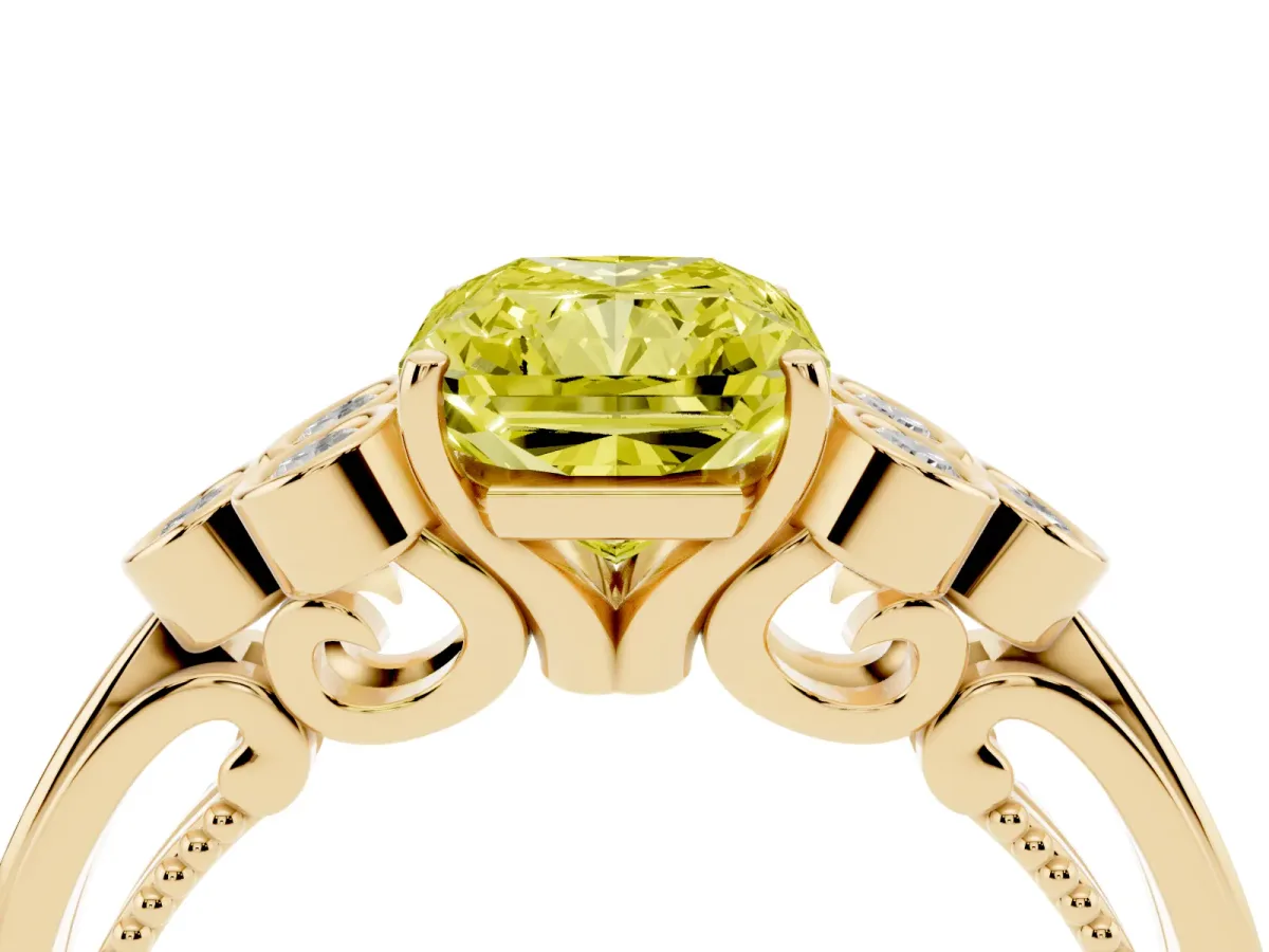Fancy Yellow Radiant Cut Cut Diamond Engagement Ring with Bezel Set Round Side Stones and Prong Setting Yellow gold