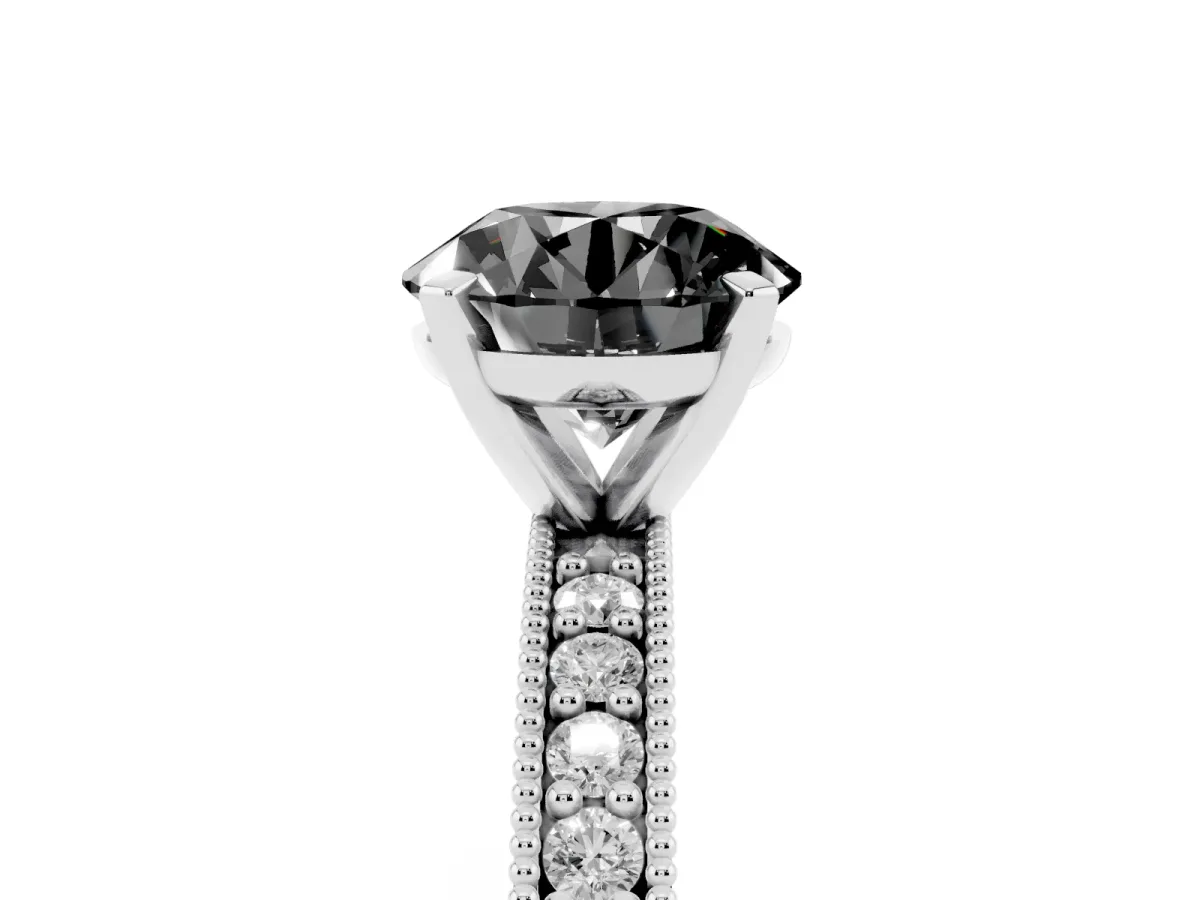 Fancy Black Round Cut Diamond Milgrain Pavé Engagement Ring with Four-Prong Setting Platinum