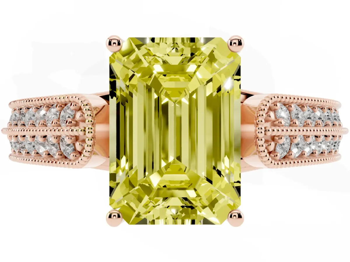 Fancy Yellow Emerald Cut Cut Pave Split Shank Engagement Ring with Four-Prong Setting Rose gold
