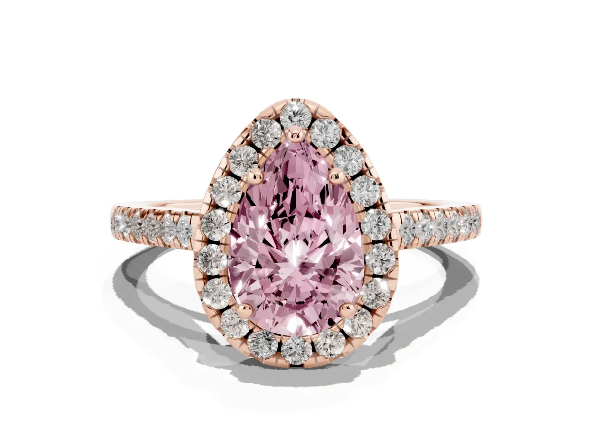 Fancy Pink Pear Cut Halo Pavé Diamond Engagement Ring with Four-Prong Setting Rose gold
