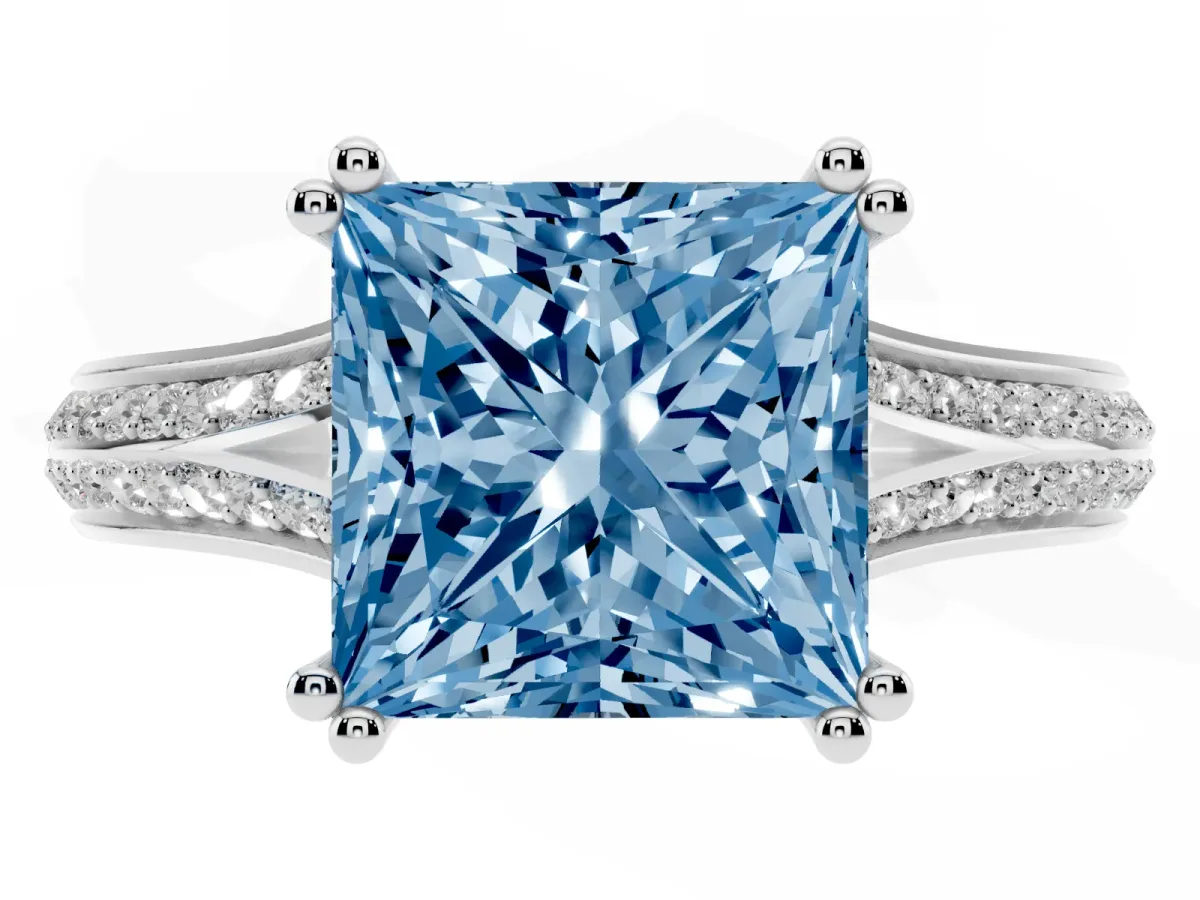 Fancy Blue Princess Cut Diamond Split Shank Engagement Ring with Pavé Band Silver