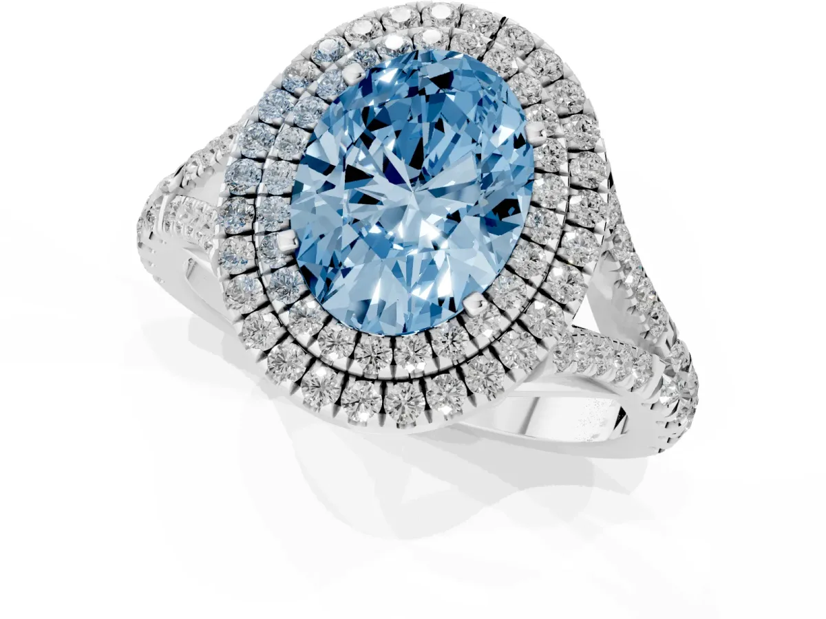 Fancy Blue Double Halo Oval Cut Diamond Split Shank Engagement Ring with Four-Prong Setting Silver