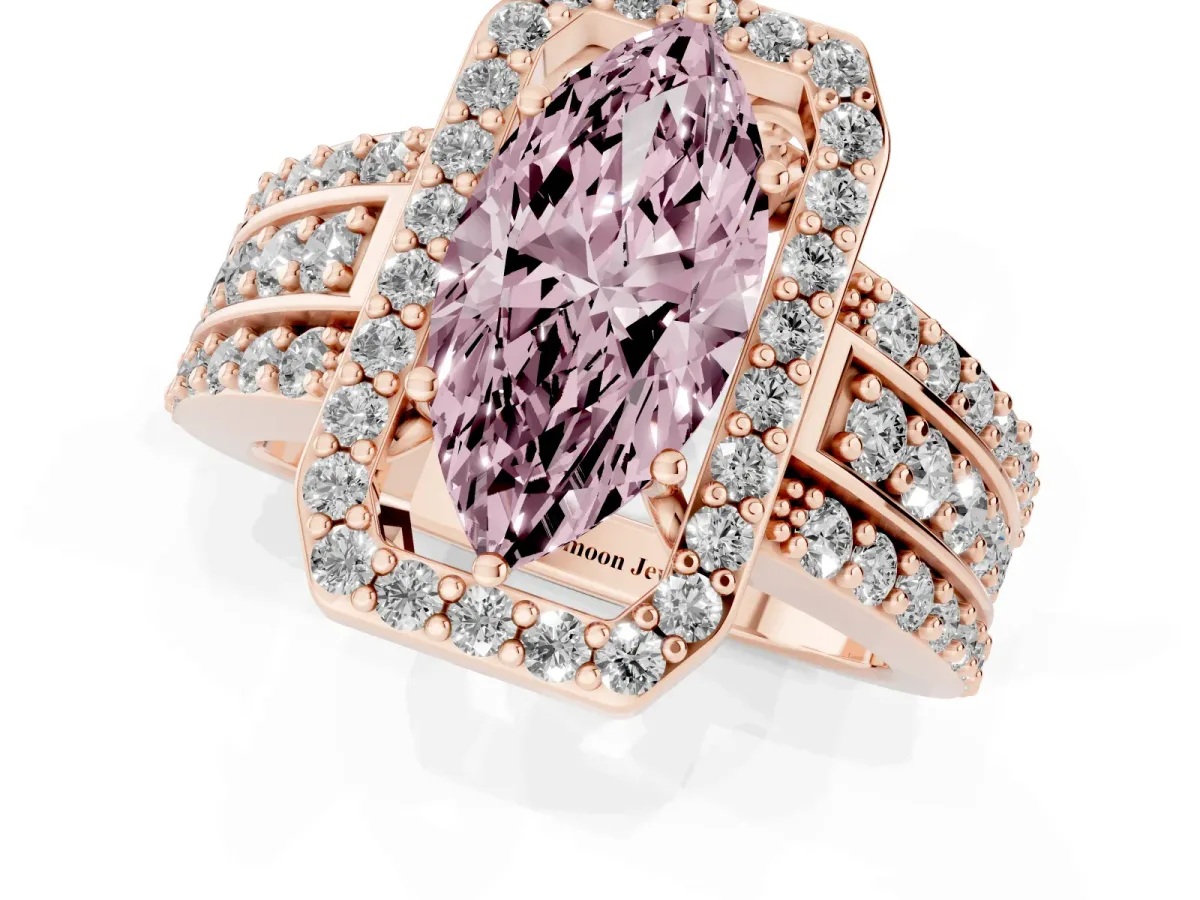 Fancy Pink Marquise Cut Halo Diamond Ring with Round Split Shank and Prong Setting Rose gold