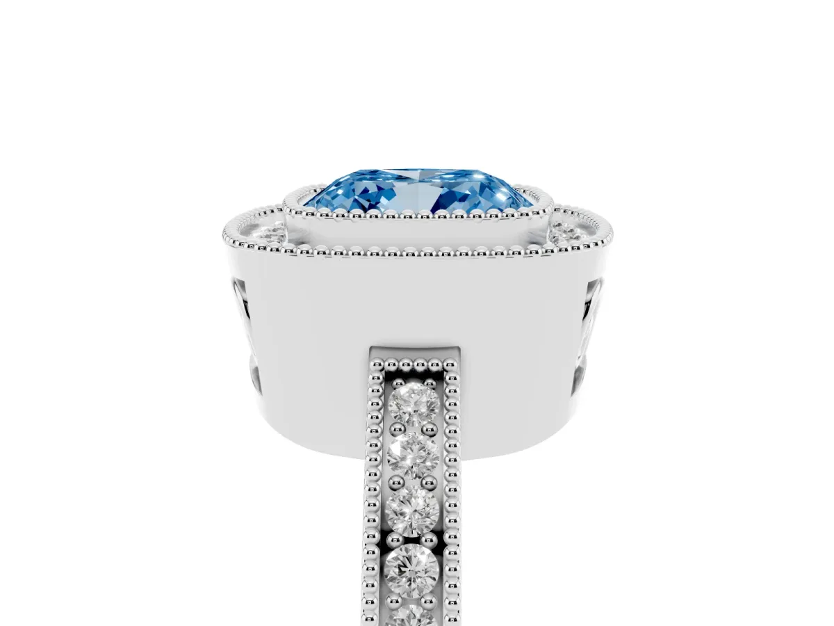 Fancy Blue Cushion Cut Cut Halo Diamond Ring with Pavé Band and Milgrain Prong Setting Platinum