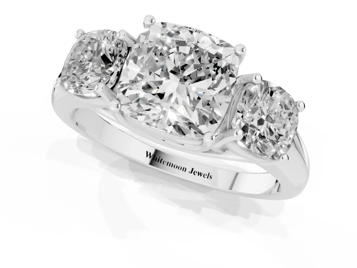 Three-Stone Cushion Cut Diamond Engagement Ring with Prong Setting Silver
