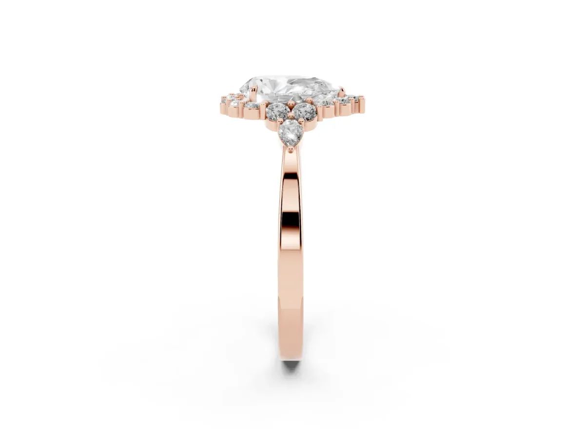 Pear Cut Diamond Halo Ring with Pear Side Stones and Prong Setting Rose gold