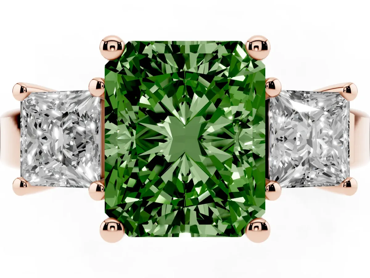 Fancy Green Three-Stone Radiant Cut Cut Solitaire Ring with Prong Setting Rose gold