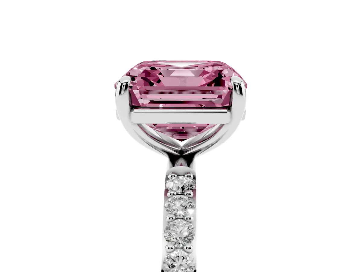 Fancy Pink Asscher Cut Diamond Solitaire Ring with Round Pavé Band and Prong Setting Silver