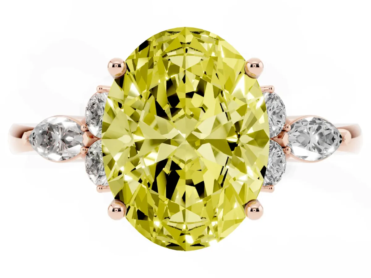 Fancy Yellow Oval Cut Brilliant Diamond Solitaire Ring with Pear Side Stones and Four-Prong Setting Rose gold