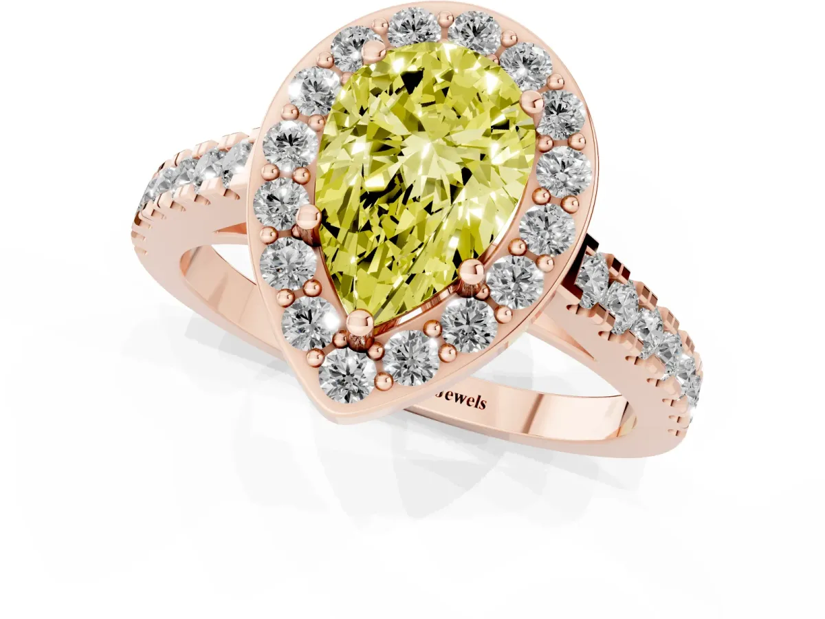 Fancy Yellow Pear Cut Diamond Halo Ring with Round Pavé Split Shank and Prong Setting Rose gold