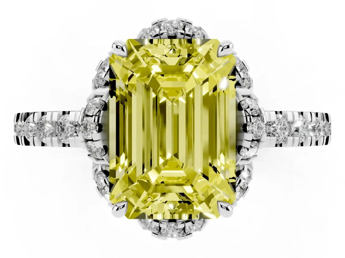 Fancy Yellow Emerald Cut Halo Diamond Pave Band Ring with Four-Prong Setting Silver