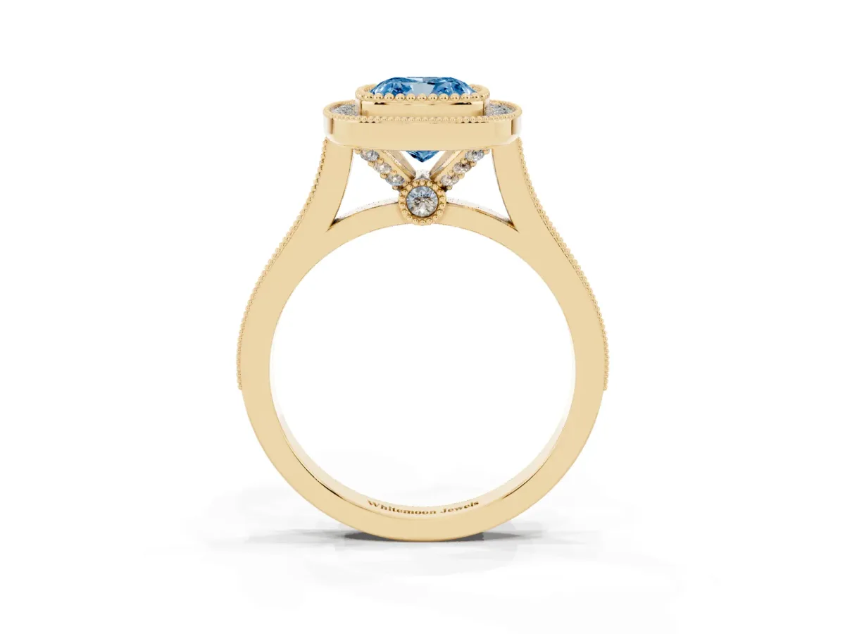 Fancy Blue Cushion Cut Diamond Halo Ring with Milgrain Frame and Pavé Band Yellow gold