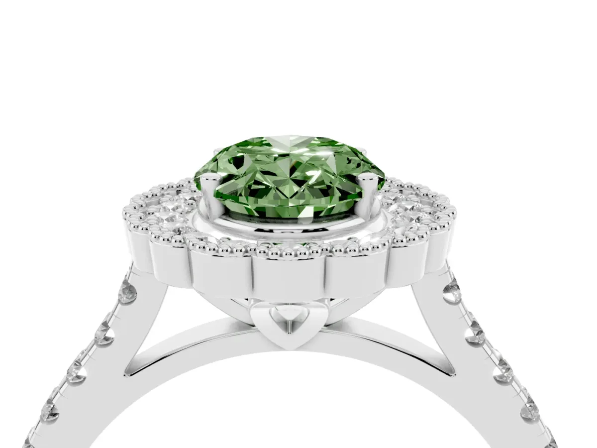 Fancy Green Oval Cut Cut Diamond Milgrain Floral Halo Engagement Ring with Pavé Band Silver
