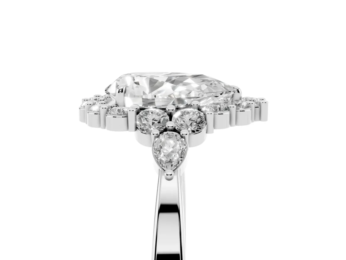 Pear Cut Diamond Halo Ring with Pear Side Stones and Prong Setting Platinum