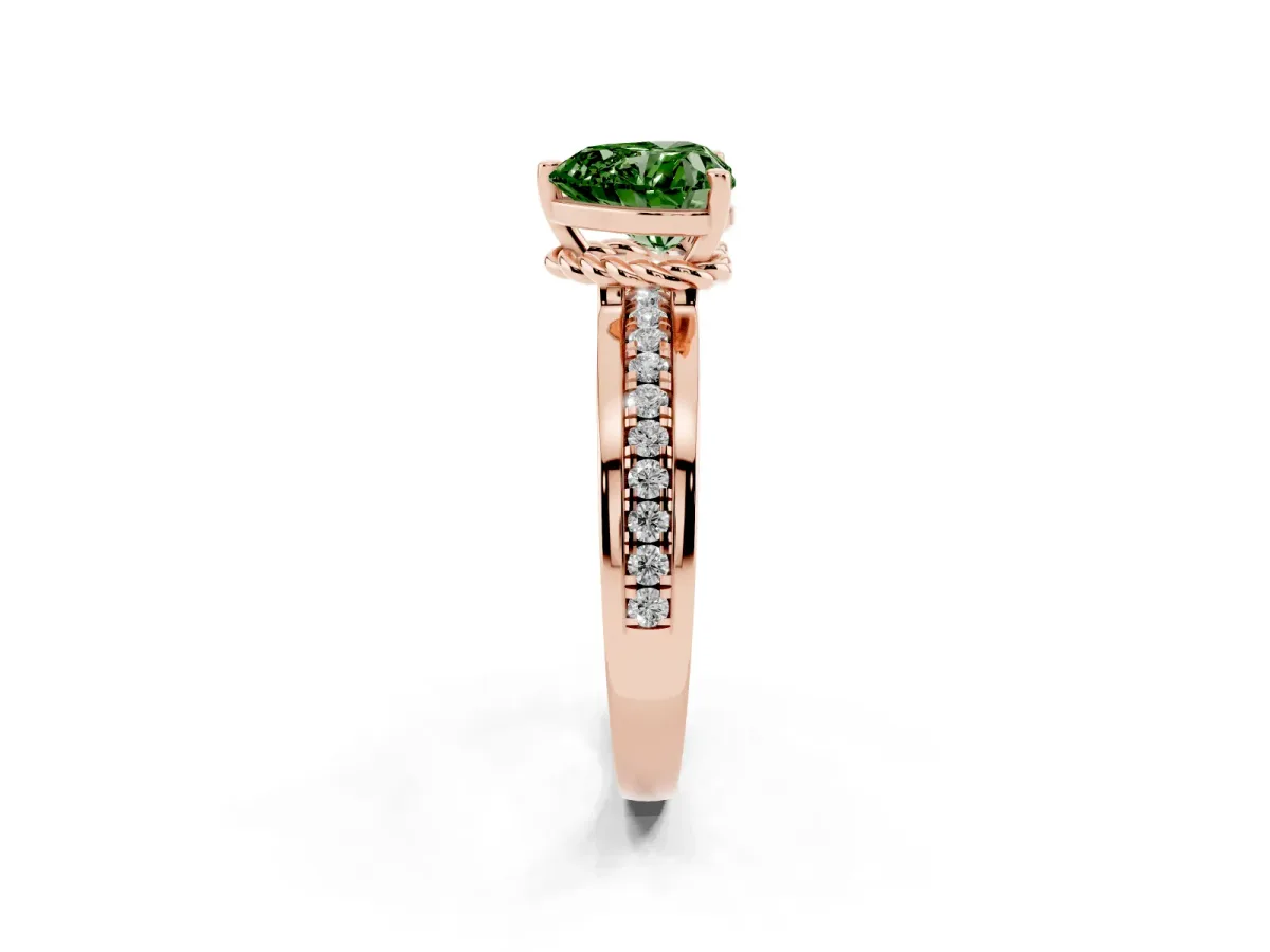 Fancy Green Heart Cut Solitaire Diamond Ring with Channel Set Band and Six-Prong Setting Rose gold