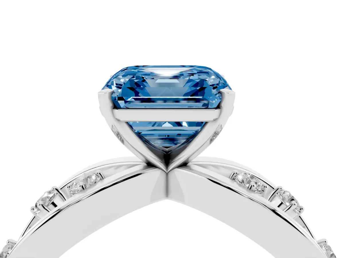 Fancy Blue Asscher Cut Cut Solitaire Diamond with Side Stones on Criss-Cross Band and Four-Prong Setting Platinum