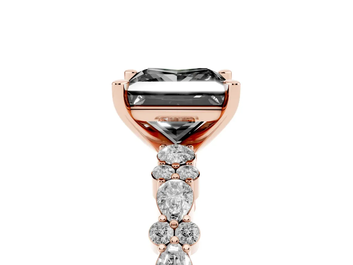 Fancy Black Princess Cut Diamond Side Stone Solitaire Ring with Round and Four-Prong Setting Rose gold
