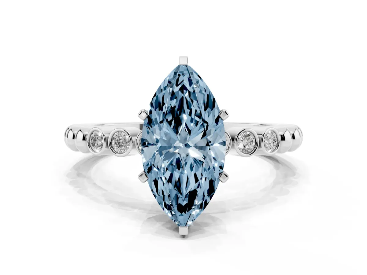 Fancy Blue Marquise Cut Solitaire Bezel Accent Diamond Engagement Ring with Beaded Band and Four-Prong Setting Platinum