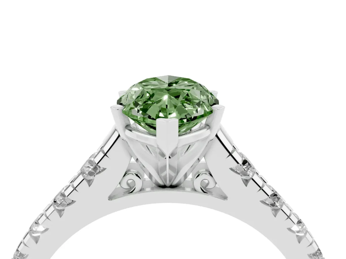 Fancy Green Marquise Cut Diamond Cathedral Solitaire Ring with Round Pavé Band Silver