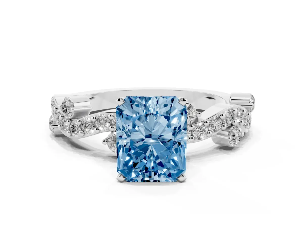 Fancy Blue Radiant Cut Cut Solitaire Diamond Twisted Band with Pave Setting Silver