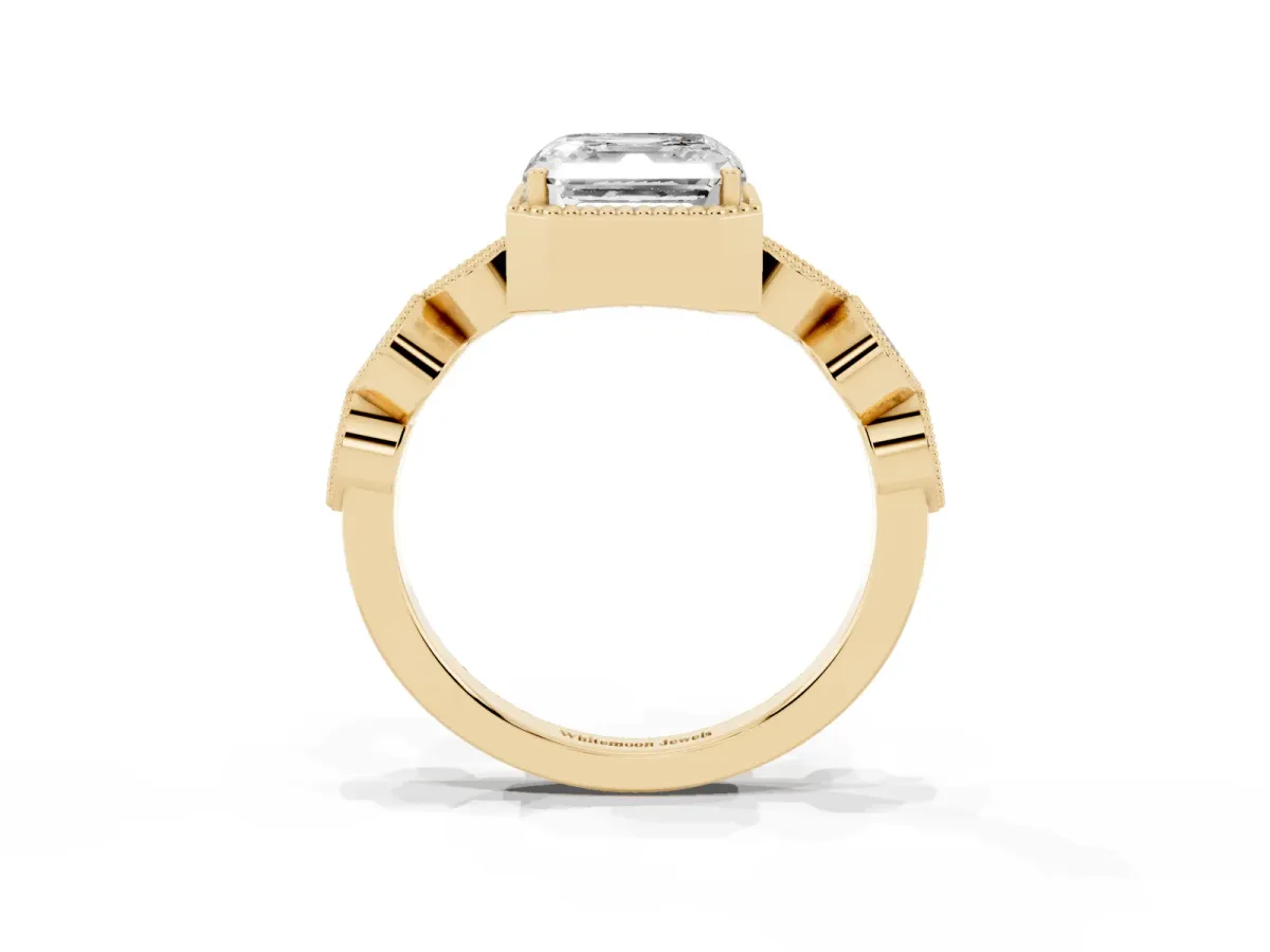 Asscher Cut Diamond Vintage Milgrain Ring with Round Stations Yellow gold