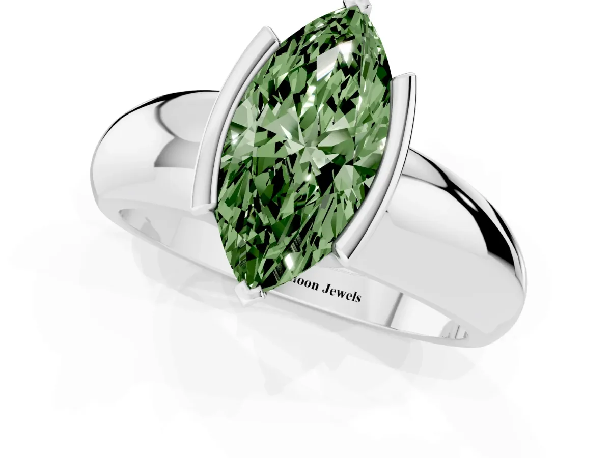 Fancy Green Marquise Cut Solitaire Tension Set Diamond Ring with Wide Band Silver