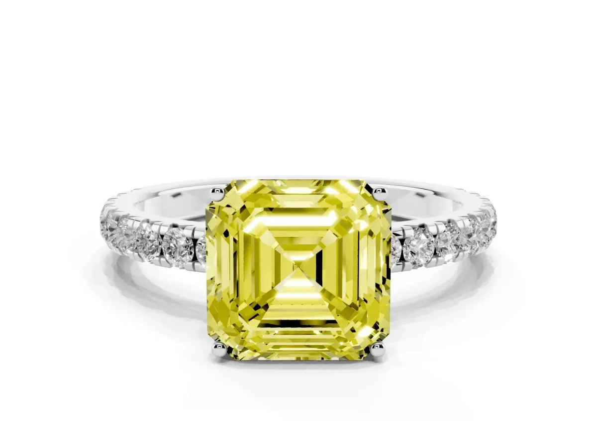 Fancy Yellow Asscher Cut Diamond Pavé Solitaire Engagement Ring with Four-Prong Setting Silver