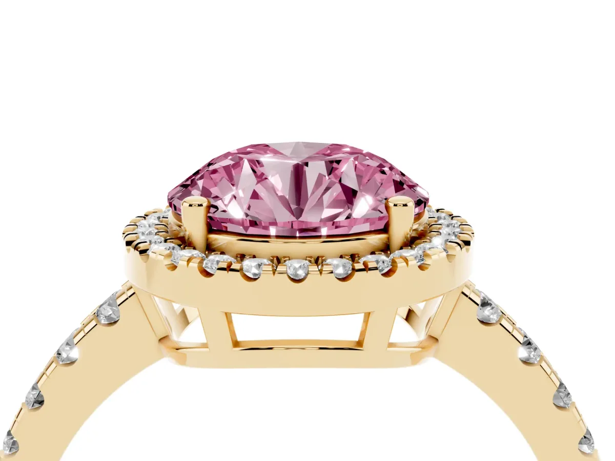 Fancy Pink Round Cut Diamond Halo Ring with Pavé Band and Four-Prong Setting Yellow gold