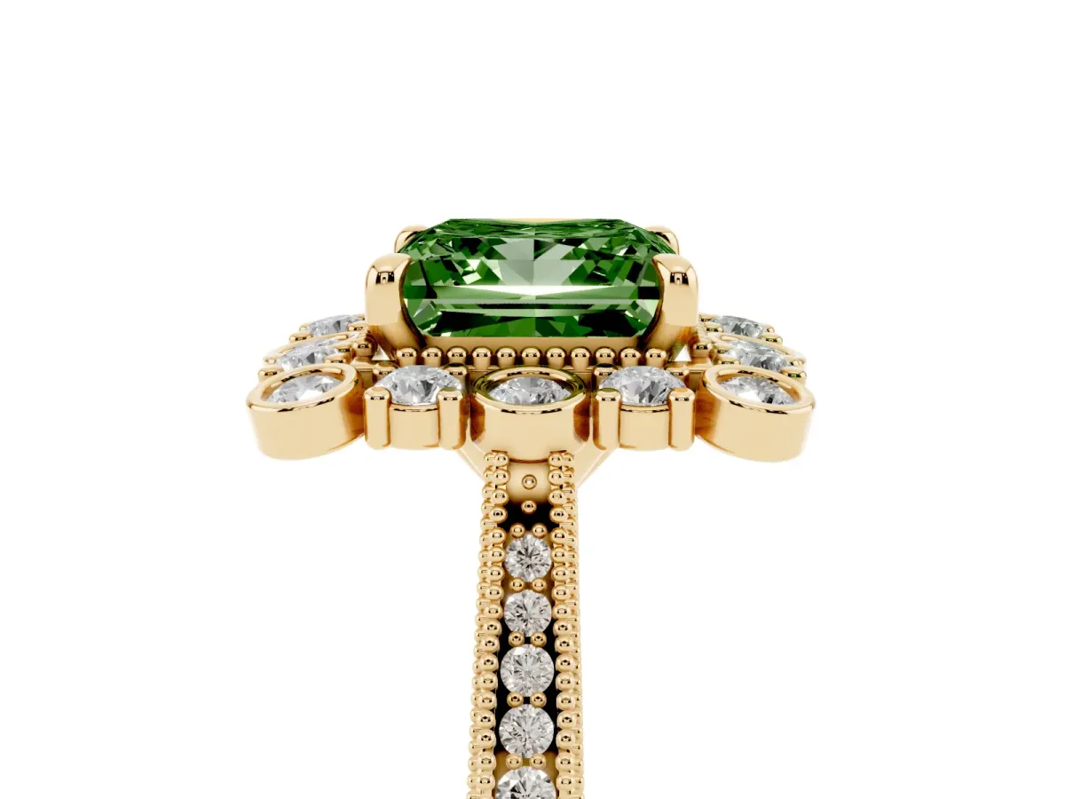 Fancy Green Princess Cut Halo Milgrain Pave Diamond Ring with Four-Prong Setting Yellow gold