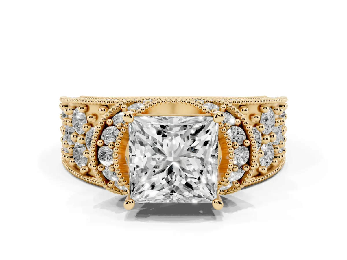 Princess Cut Halo Pave Diamond Engagement Ring with Milgrain Detailing Yellow gold
