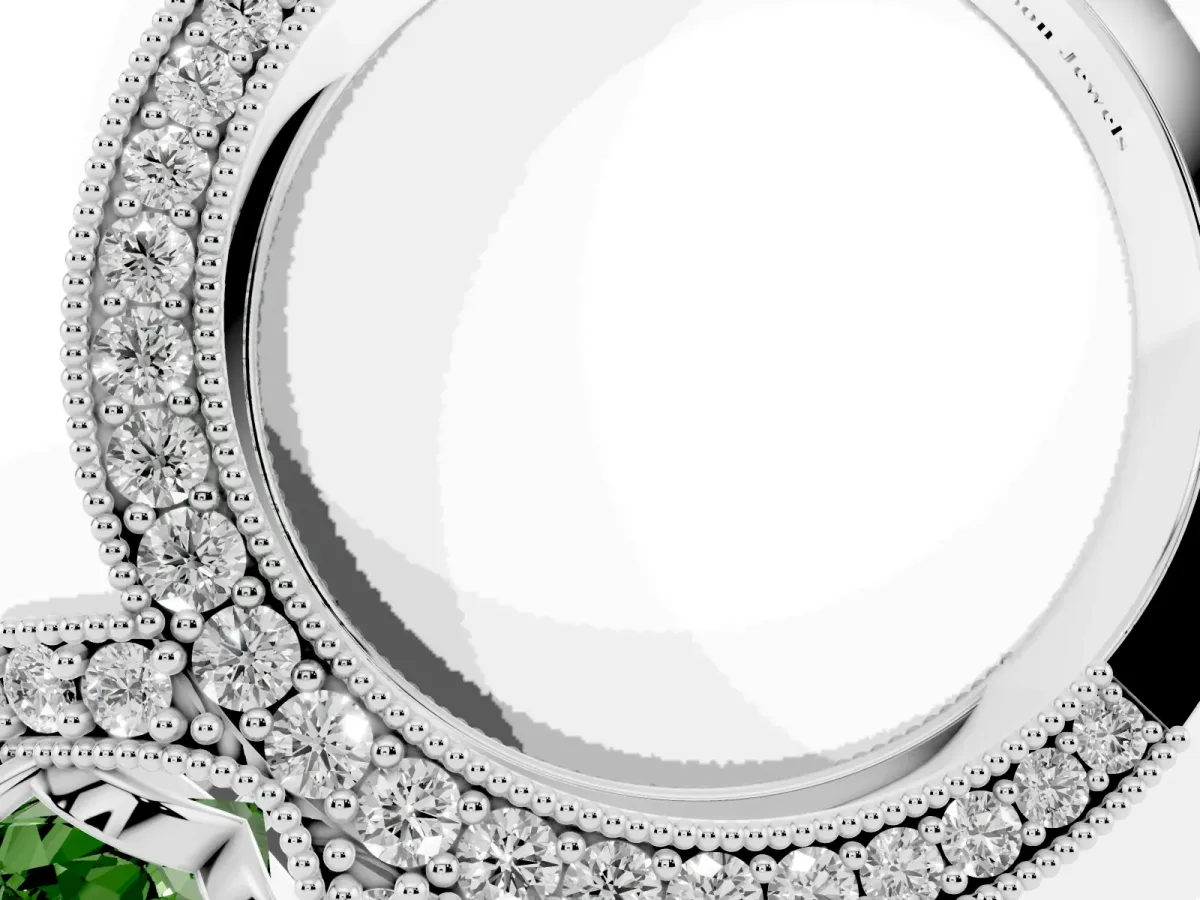 Fancy Green Heart Cut Halo Pave Diamond Engagement Ring with Milgrain Detailing White gold