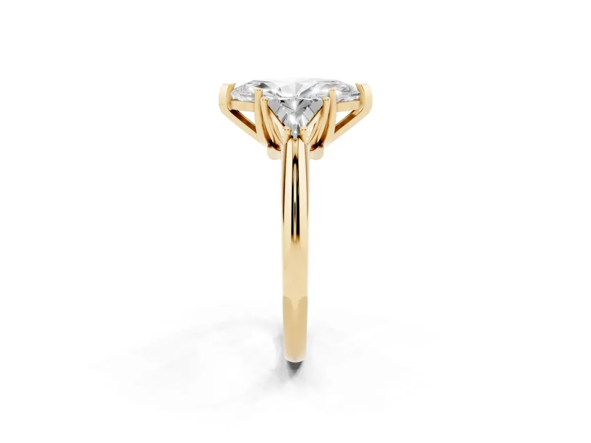 Three-Stone Marquise Cut Diamond Engagement Ring with Trillion Side Stones and Prong Setting Yellow gold
