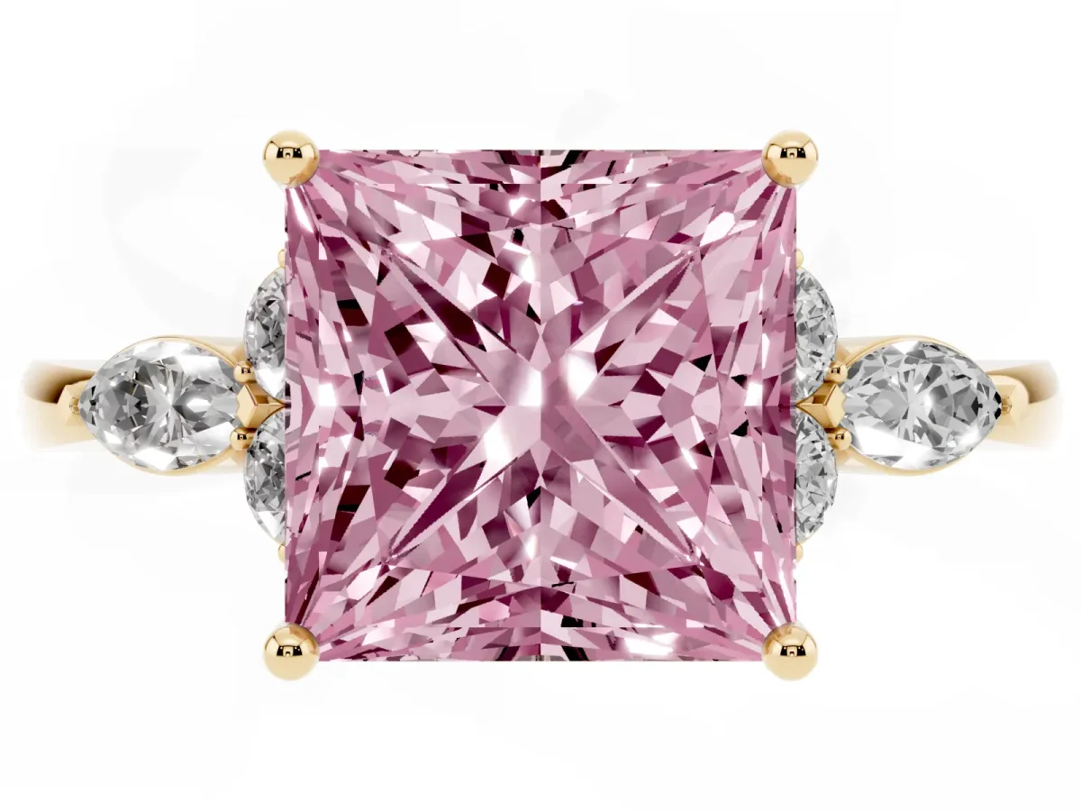 Fancy Pink Princess Cut Brilliant Diamond Solitaire Ring with Pear Side Stones and Four-Prong Setting Yellow gold