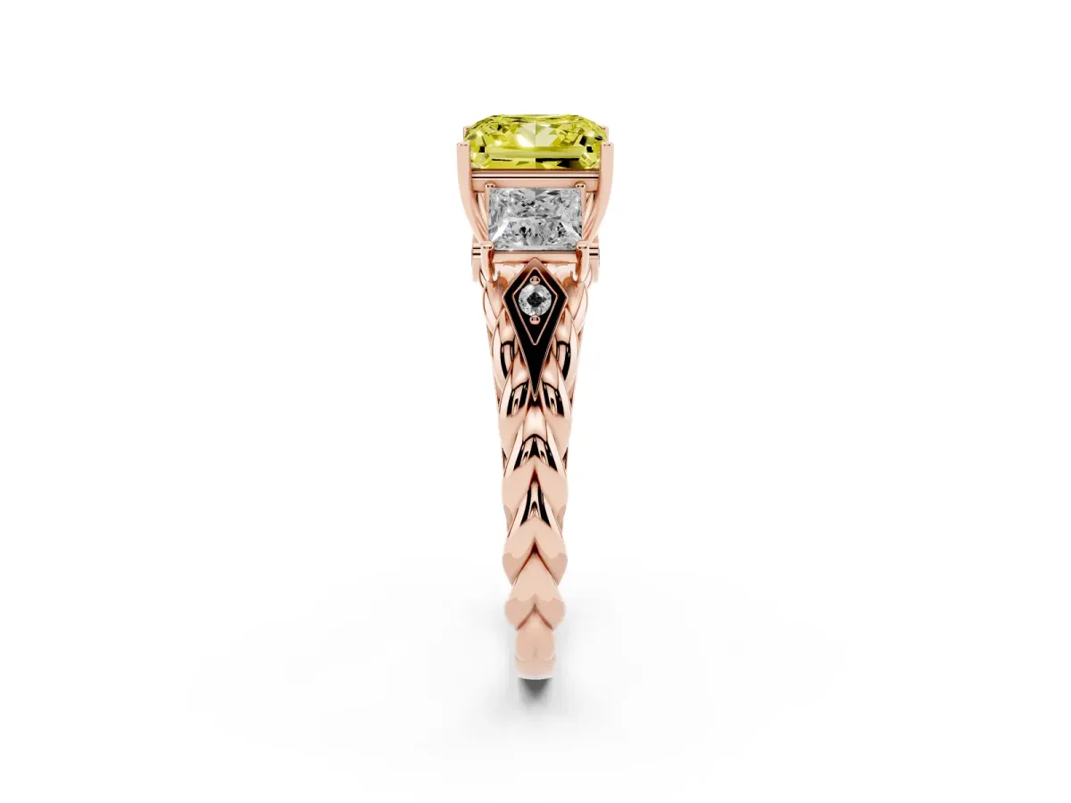 Fancy Yellow Three-Stone Princess Cut Diamond Braided Band Ring with Four-Prong Setting Rose gold