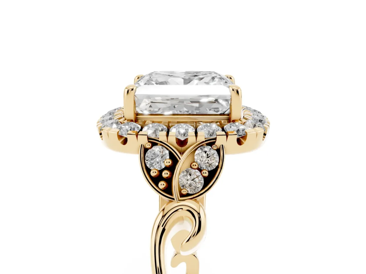 Princess Cut Halo Diamond Engagement Ring with Vintage-Inspired Band and Four-Prong Setting Yellow gold