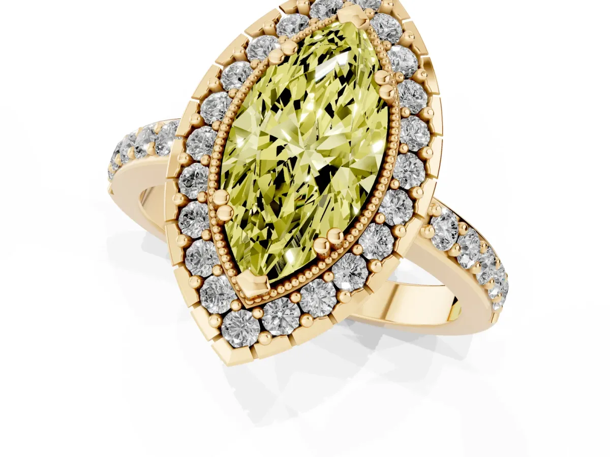 Fancy Yellow Marquise Cut Diamond Halo Ring with Pavé Band and Prong Setting Yellow gold