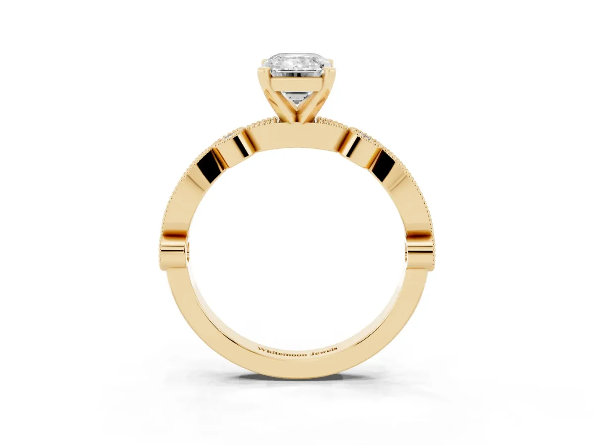 Emerald Cut Milgrain Bezel Diamond Engagement Ring with Solitaire Prong Setting Yellow gold