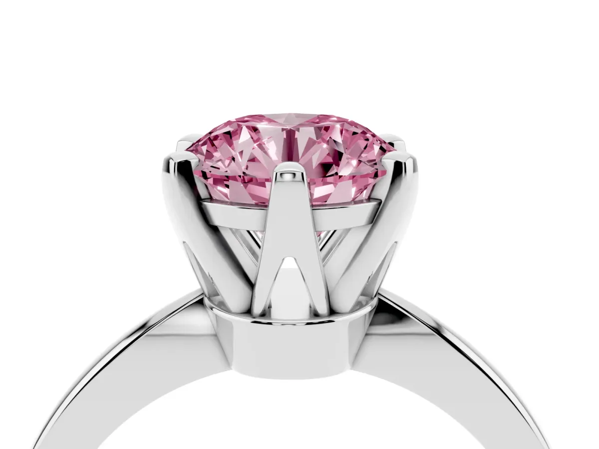 Fancy Pink Round Cut Solitaire Engagement Ring with Six-Prong Setting and Tapered Band Platinum